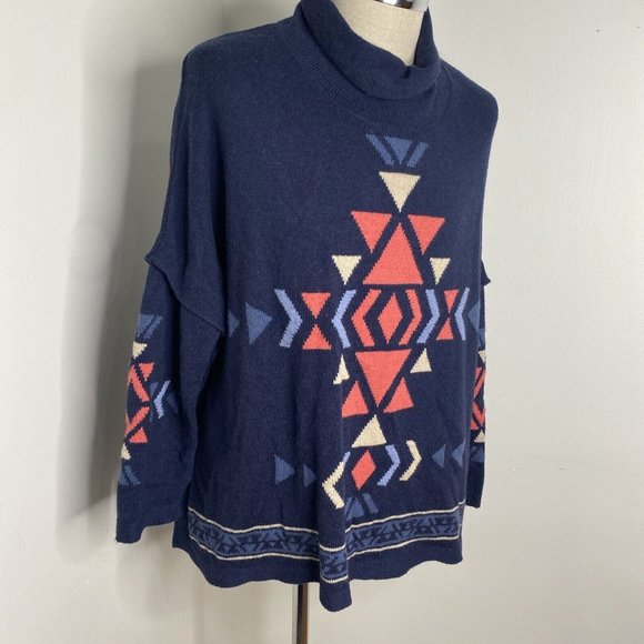 J Jill Aztec Sweater Womens Sz L Blue Southwestern Turtleneck Side Slit button - Picture 3 of 5